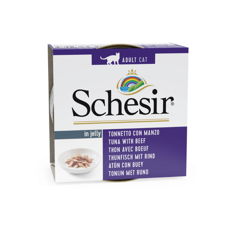 Schesir lata de comida húmeda para gatos de Atún con Buey en gelatina 85gr
